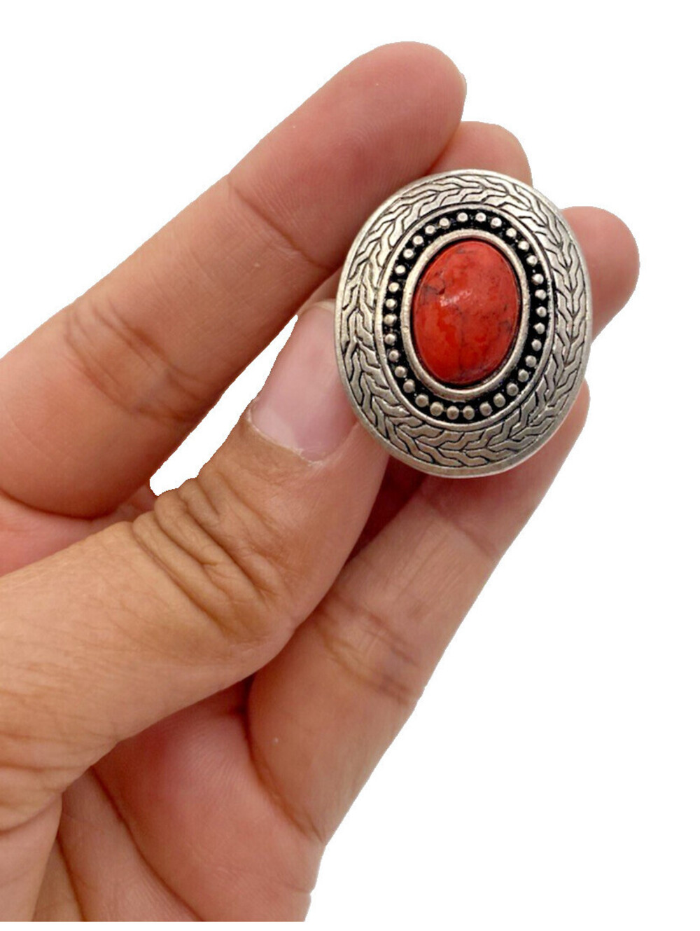 Vintage Oversized Stretchy Ring Silver-Tone Oval Red Stone Statement Size 6